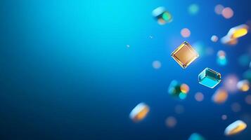 Colorful geometric shapes floating in a serene blue background, creating a dynamic visual effect photo