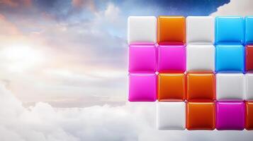 Colorful geometric shapes floating in a serene sky, creating a vibrant visual contrast with clouds photo