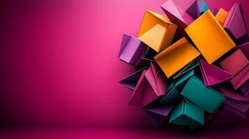 Colorful geometric shapes stacked dynamically against a vibrant pink backdrop, creating a modern art feel photo
