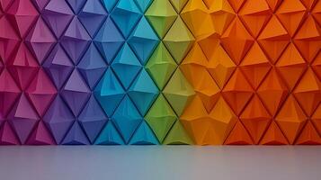 Colorful geometric wall design featuring vibrant triangular patterns in a gradient arrangement photo