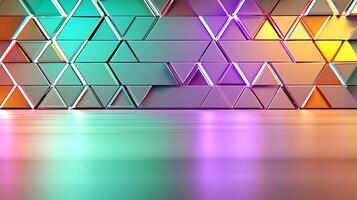 Colorful geometric wall design with illuminated triangular patterns and reflective surfaces photo