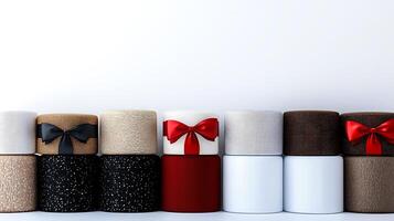 Colorful gift boxes with various textures and ribbons arranged neatly against a white background photo