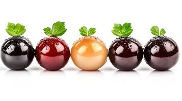 Colorful glossy fruit spheres with droplets and green leaves arranged in a row on a white background photo