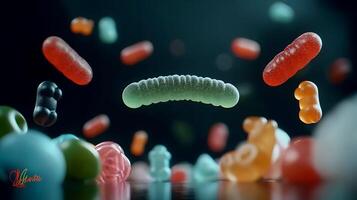Colorful gummy candies scattered on a reflective surface with a dark background and soft lighting photo