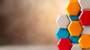 Colorful hexagonal building blocks stacked artistically with a blurred background photo