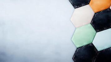 Colorful hexagonal tiles arranged on a smooth surface, creating a modern aesthetic backdrop photo