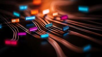Colorful illuminated circuit boards and wires creating a dynamic technological scene photo