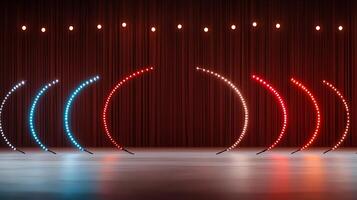 Colorful illuminated arcs on stage with red curtains, setting for a vibrant performance photo