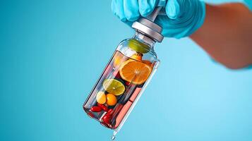 Colorful infusion bottle with citrus fruits and vitamins held by a gloved hand against blue backdrop photo