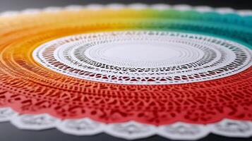 Colorful lace doily with intricate patterns and gradients, set against a dark background photo