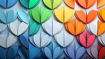 Colorful layered paper leaves creating a vibrant abstract wall art design with depth and texture photo