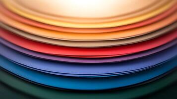 Colorful layered paper sheets arranged in a gradient, creating a vibrant artistic background effect photo