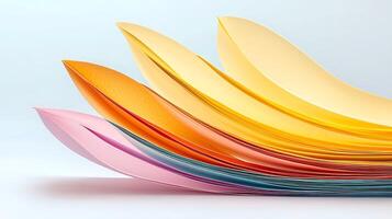 Colorful layered paper sheets arranged in a wave pattern against a soft white background photo