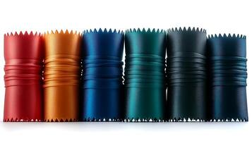 Colorful leather rolls arranged in a row, showcasing various shades and textures for crafting photo