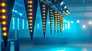 Colorful lights and banners create a vibrant atmosphere in an empty event space photo