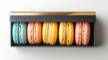 Colorful macarons arranged in a sleek black box, showcasing vibrant hues against a minimalist background photo
