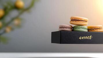 Colorful macarons displayed on a sleek black box with a blurred background of festive decor photo