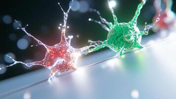 Colorful microscopic representation of red and green cells interacting with dynamic splashes photo
