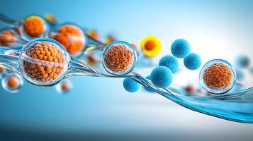 Colorful microscopic view of bacteria and cells interacting in a fluid medium, showcasing cellular structures photo