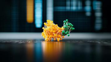 Colorful molecular structure representation on a reflective surface with data visualization in background photo