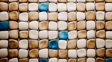 Colorful mosaic tiles arranged in a pattern, showcasing shades of blue and beige in a modern setting photo