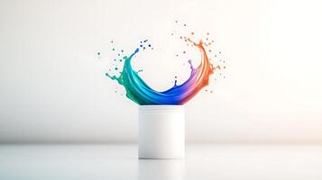 Colorful paint splash emerging from a white container against a minimalistic background photo