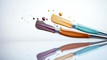 Colorful paint brushes with vibrant paint splashes on a reflective surface in a minimalistic setting photo