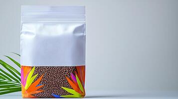 Colorful packaging of seeds displayed on a clean surface with a tropical leaf in the foreground photo