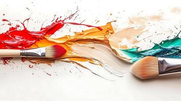 Colorful paint splashes with brushes creating an artistic scene on a white background photo