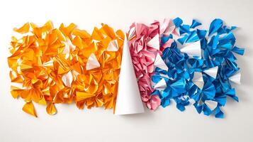 Colorful paper confetti arranged in vibrant patterns, creating a festive atmosphere for celebrations photo