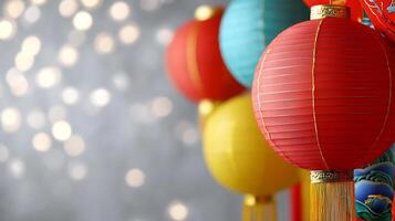 Colorful paper lanterns hanging against a softly blurred background with bokeh lights photo
