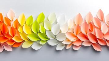 Colorful paper leaves arranged in a gradient pattern on a white background, showcasing creativity photo