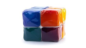 Colorful plastic blocks arranged in a cube formation on a white background, ideal for educational use photo