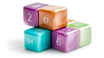 Colorful plastic building blocks with numbers arranged playfully on a white background photo