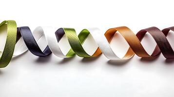 Colorful ribbons arranged in a wavy pattern on a white background, showcasing texture and design photo