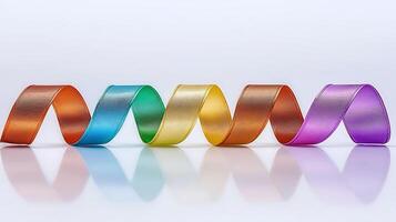 Colorful ribbons curving elegantly on a smooth surface, showcasing a vibrant spectrum in a minimalistic setting photo