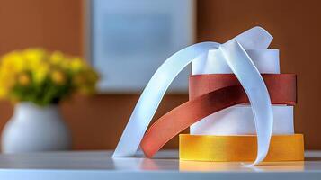 Colorful ribbons arranged artistically on a table with a blurred floral background photo