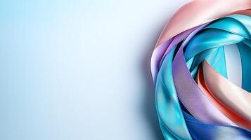 Colorful ribbons artfully arranged in a circular pattern against a soft gradient background photo