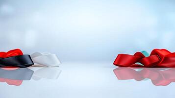 Colorful ribbons in black, white, red, and green arranged on a reflective surface with a soft background photo