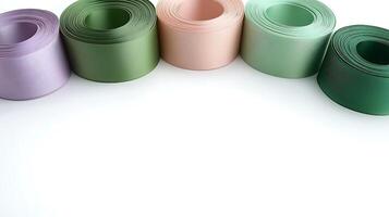 Colorful rolls of ribbon arranged in a line on a white background, ideal for crafting projects photo