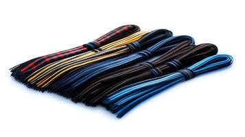 Colorful shoelaces arranged neatly, showcasing various patterns and colors on a white background photo