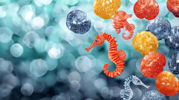 Colorful seahorses and orbs floating in a shimmering underwater scene, creating a vibrant backdrop photo