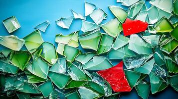 Colorful shards of broken glass scattered on a blue surface, creating an abstract art piece photo