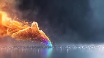 Colorful smoke and light trails merge in a dynamic display over a misty background photo