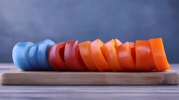 Colorful sliced vegetables arranged on a wooden board with a soft blue background photo