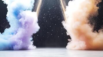 Colorful smoke clouds intertwining in a dark space, creating a vibrant and dynamic atmosphere photo