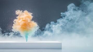 Colorful smoke explosion on a white pedestal, creating a vibrant atmosphere in a studio photo