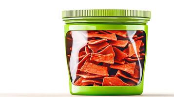 Colorful snack jar filled with crispy chips, placed on a clean surface with a minimalistic background photo