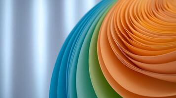 Colorful spiral arrangement of paper sheets creating a vibrant abstract design against a soft background photo