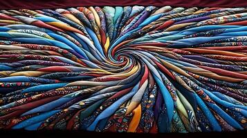 Colorful spiral arrangement of various patterned ties displayed artistically on a surface photo